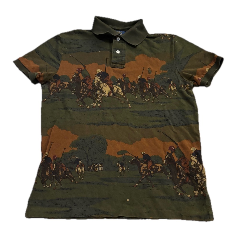 Polo Ralph Lauren Men Small Custom Slim Fit Scenic Polo Match Print Shirt Olive
